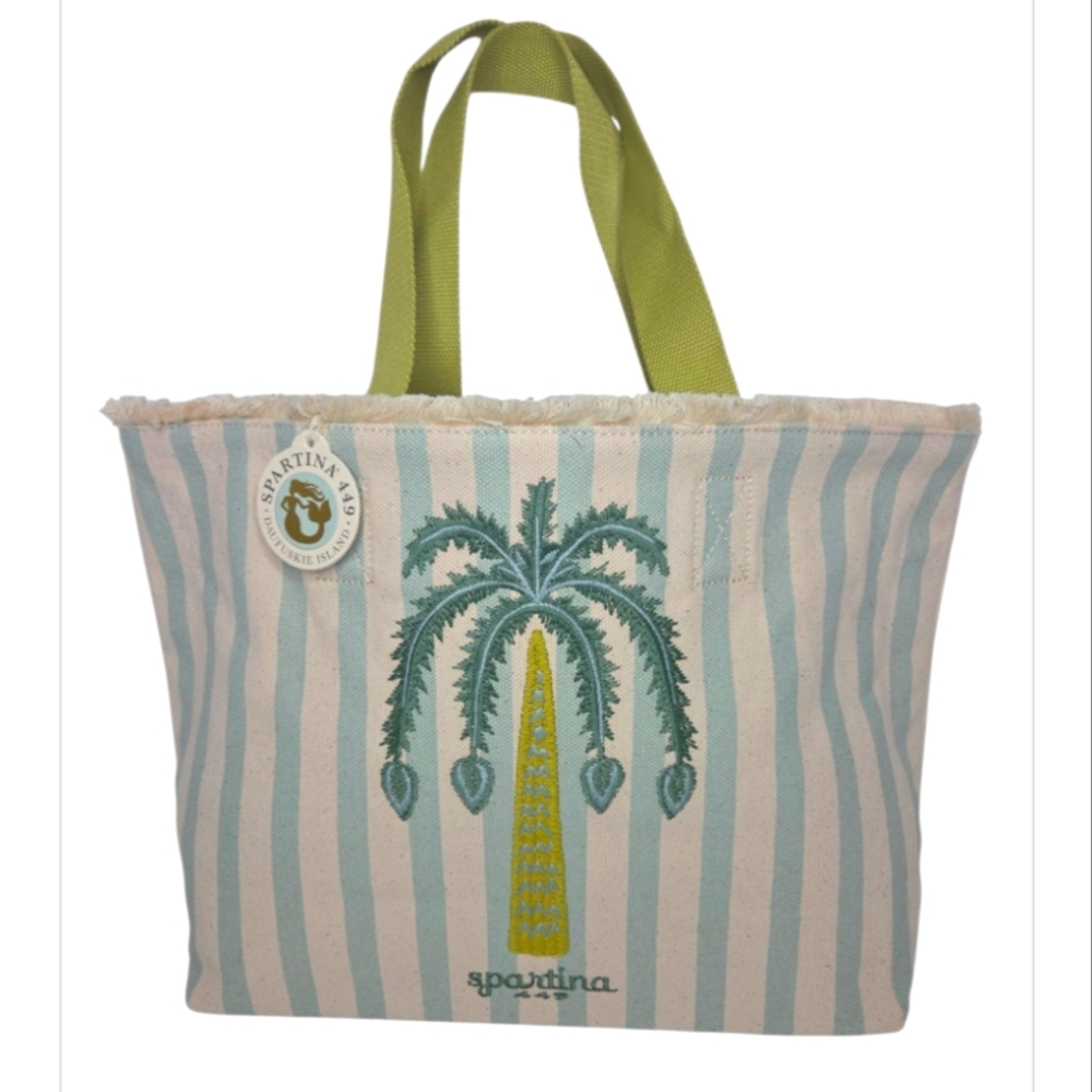 Spartina 449 Large Canvas Beach Tote Bag Sea Foam Embroidered Palm New With Tags